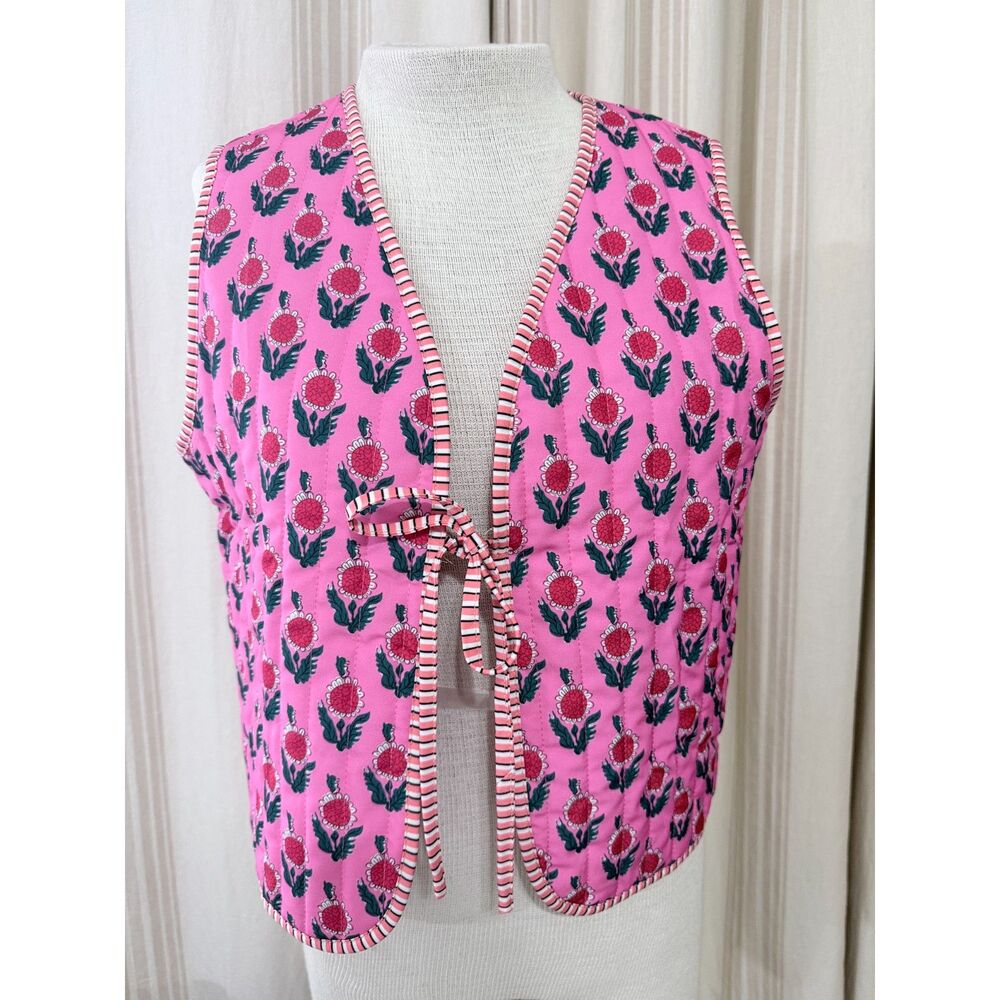 Pink Floral Quilted Tie Front Vest Women’s Medium Cottagecore Boho